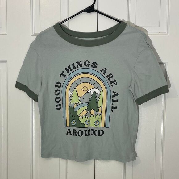 Retro Camping Positive Blue Green Graphic Cropped Ringer Baby Tee - Picture 1 of 3